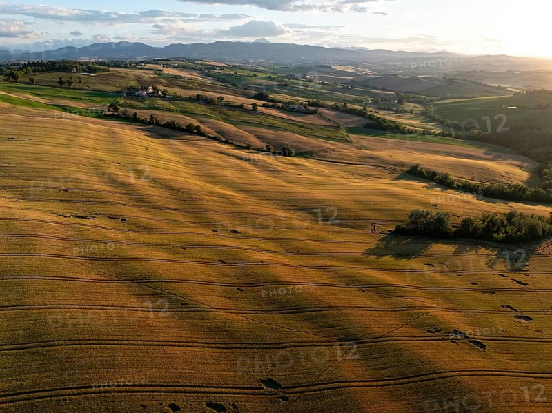 Panoramic drone shot of rolling fields and soft hills in Macerata, Italy, bathed in golden evening light and surrounded by countryside tranquility