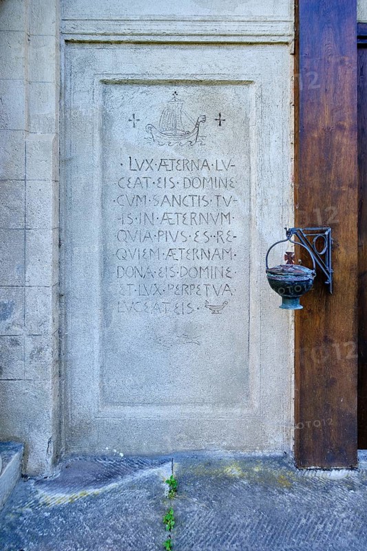 Lux aeterna luceat eis, Latin inscription Cemetery Monastery Church of St. Martin Archabbey Benedictine Monastery Beuron, Upper Danube Valley near Sigmaringen, Baden-Württemberg, Germany