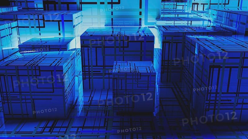 Vibrant abstract background showcases interconnected cubes, representing technology and data in a digital landscape