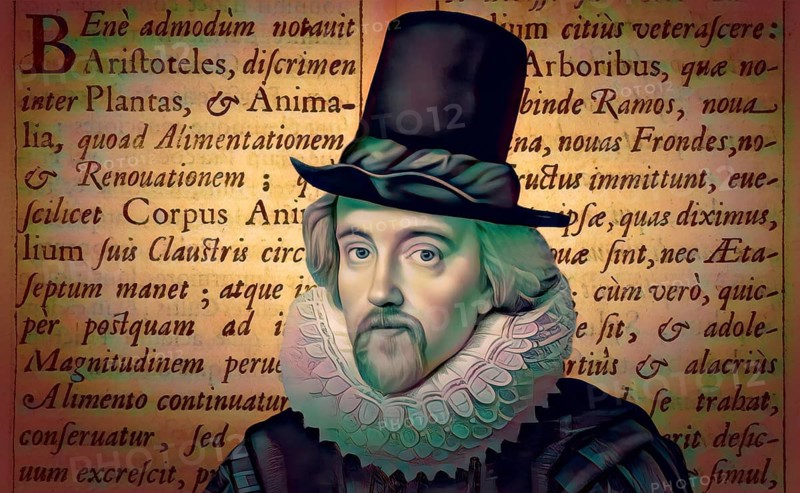 Portrait of Sir Francis Bacon, 1561 - 1626, English lawyer, statesman, essayist, historian, intellectual reformer, philosopher and scientist, text from his book ‘Historia vitae et mortis‘