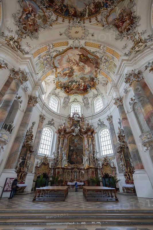 The magnificent Basilica of St. Alexander and St. Theodor in Ottobeuren impresses as a masterpiece of southern German Baroque with its opulent ceiling frescoes and detailed stucco decoration, Ottobeuren, Unterallgäu, Bavaria, Germany