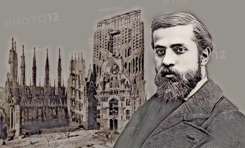 Portrait of Antoni Gaudí i Cornet, 1852 – 1926, Catalan architect and designer from Spain, the greatest exponent of Catalan Modernisme, Construction site of the Basílica i Temple Expiatori de la Sagrada Família, known as Sagrada Família, 1908, Barcelona, Catalonia, Spain, digitally edited