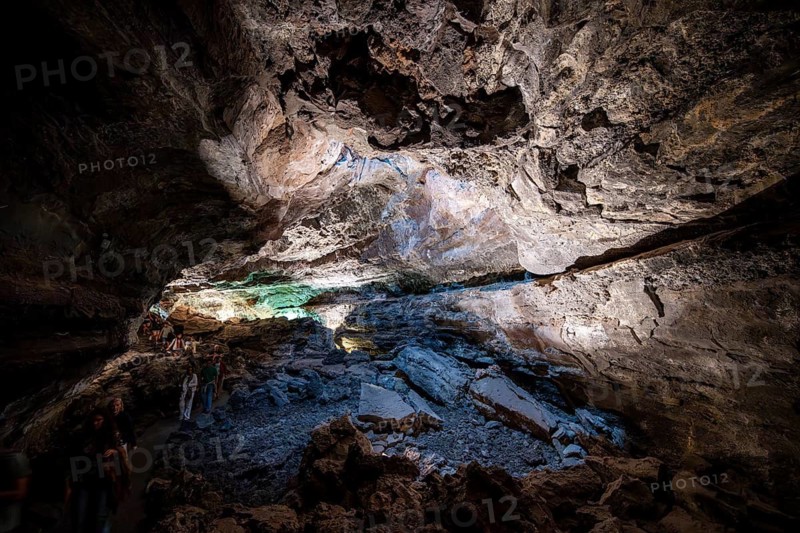 Underground cave formed by lava flow, illuminated lava cave, Cueva de los Verdes, Lanzarote, Canary Islands, Spain