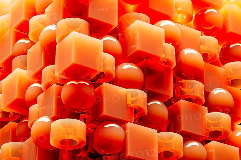 An engaging array of 3D geometric shapes in fiery orange tones combines spheres and cubes, creating a dynamic and visually stimulating design