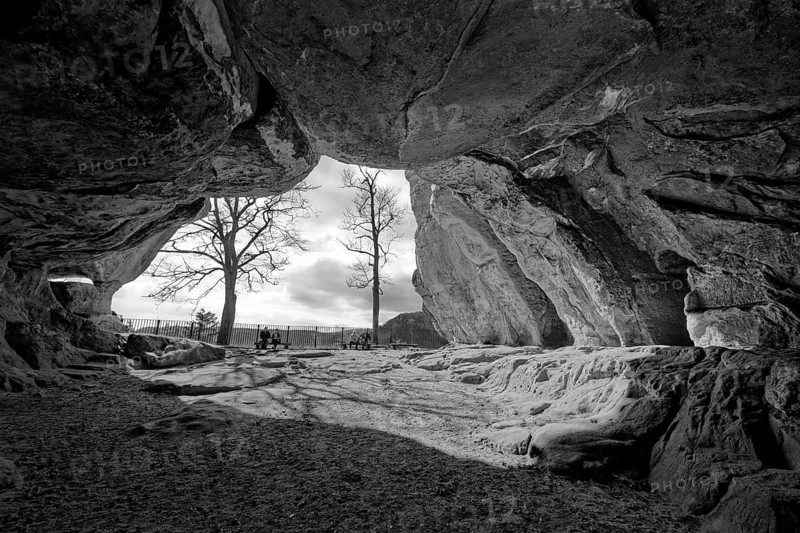 Natural arch Kuhstall am Neuer Wildenstein, natural wonder, national park, hiking destination, rock formation, b/w photo, black and white, Elbe Sandstone Mountains, Saxon Switzerland, Bad Schandau, Saxony, Germany