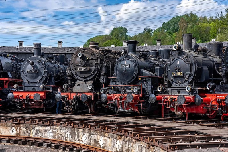 Ring locomotive shed with many historic steam locomotives in the Bochum Railway Museum, museum days weekend, with many attractions such as steam locomotive rides, 3 locomotives are under steam, historic trains make round trips through the Ruhr Valley, many locomotives are on display, on the site of the former Dahlhausen railway depot, North Rhine-Westphalia, Germany