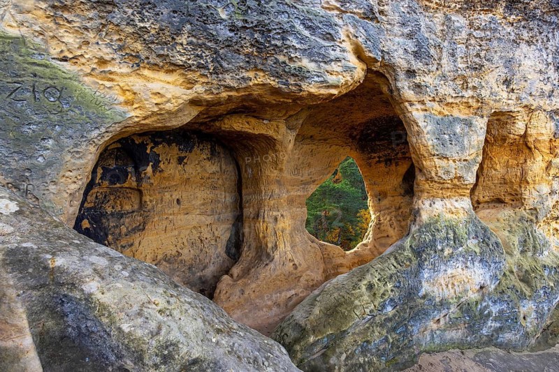 Klusfelsen, sandstone rock formation in Goslar near Halberstadt on the edge of the Harz Mountains, Saxony-Anhalt, Sachsen-Anhalt, Germany