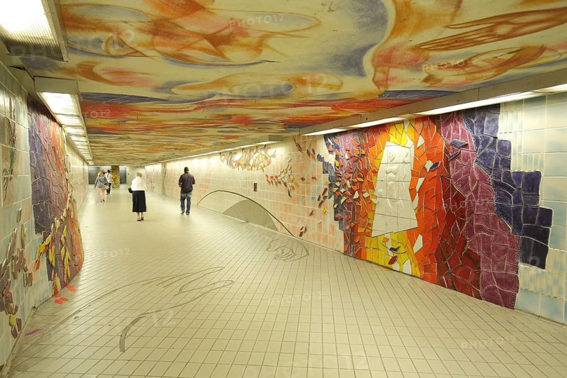 Art installation Human Family Peter Piniski 1992, modern art, abstract art, street art, wall painting, relief with colorful ceramic tiles, tiles, hand, underpass, subway station, Dornbusch, Frankfurt am Main, Hesse, Germany