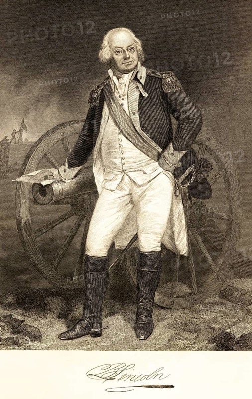 Benjamin Lincoln (1733-1810) General in the American War of Independence, officer, USA, outdoors, cannon, uniform, boots, leaning, portrait of famous Americans, signature, artist Alonzo Chappel, steel engraving, historical illustration 1862