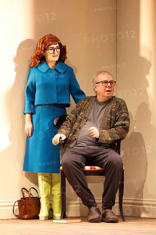 Joachim Krol (Wolfgang), Katharine Mehrling (Sophia), Sophia oder das Emde der Humanisten, German premiere, photo rehearsal on 11.03.2026 at the Renaissance Theatre, Berlin, premiere on 15.03.2026