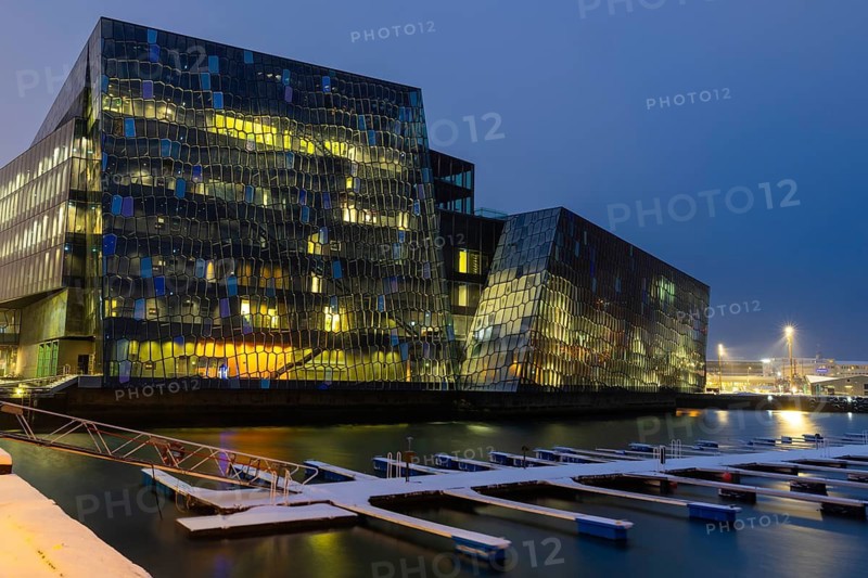 Back of Harpa concert hall, Tónlistar- og ráðstefnuhúsið í Reykjavík, boat dock, blue hour, winter, Reykavik, Iceland, Scandinavia