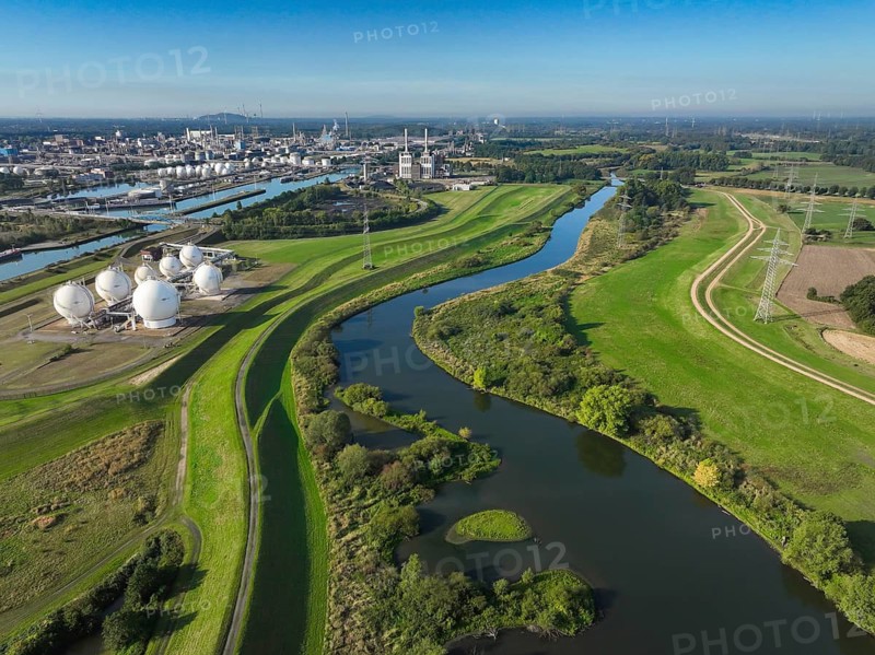 Haltern-Marl, North Rhine-Westphalia, Germany - Lippe, flood protection in the Haltern-Lippramsdorf-Marl area (HaLiMa) . Flood protection on the River Lippe by relocating the dyke and thus extending the floodplain. Marl Chemical Park at the back