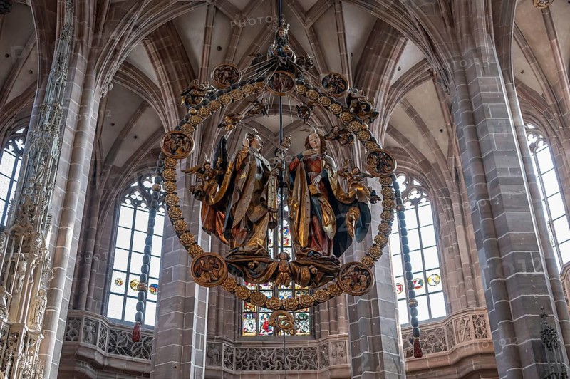 The angel's greeting from the artist Veit Stoß, from 1517, St. Lorenz Church, Nuremberg, Middle Franconia, Bavaria, Germany