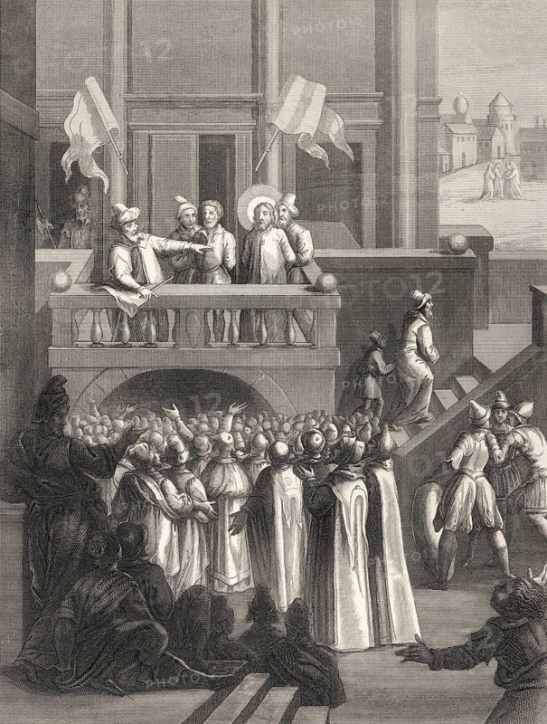 The Sanhedrin trial of Jesus, New Testament, steel engraving 1853, digitally restored