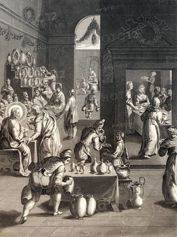 The wedding in Cana of Galilee, Steel engraving 1853, digitally restored