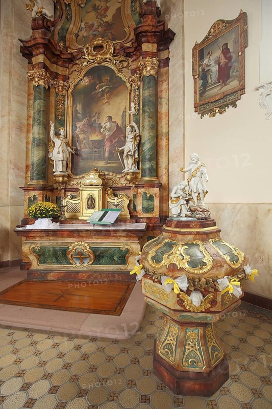 Magnificent high altar and baptismal font, baroque St. Martin church, handicrafts, decorations, wall painting, interior view, bar, Kaiserstuhl, Breisgau, Baden-Württemberg, Germany