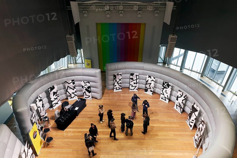Auditorium of the Louis Vuitton Foundation, visitors at virtual reality presentation, Frank Gehry building, Bois de Boulogne, Paris, France