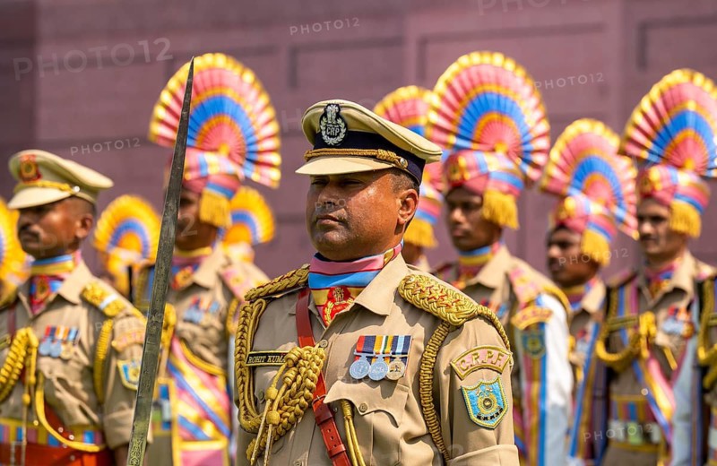 Central Reserve Police Force (CRPF) personnel wearing ceremonial headgear stand in formation during a parade held as part of the 87th Raising Day celebrations, on February 19, 2026 in Guwahati, India