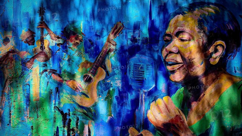 A vivid painting by Cesaria Evora, barefoot diva, Morna, with a singing woman and jazz musicians in powerful shades of blue and green, Mindelo, Sao Vicente, Cabo Verde, Cape Verde, Cape Verde