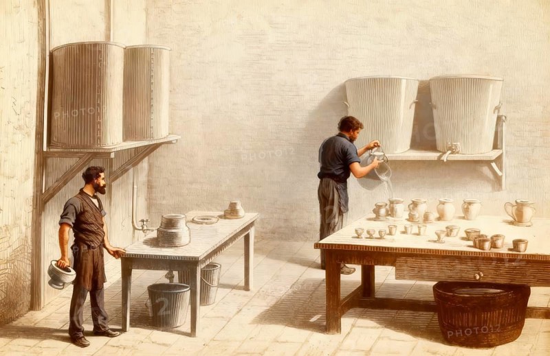 Historical illustration, 19th Century, shaping a porcelain bowl using crust molding, also known as hump or drape molding