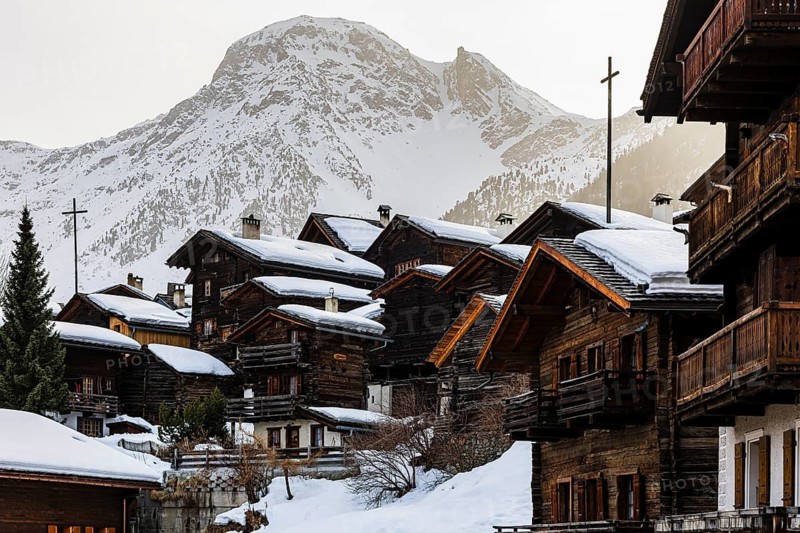 Snow-covered old farmhouses, large wooden cross, historic town center, in the back the snow-capped summit of Sex de Marinda, Grimentz, Val d'Anniviers, Valais Alps, Canton of Valais, Switzerland