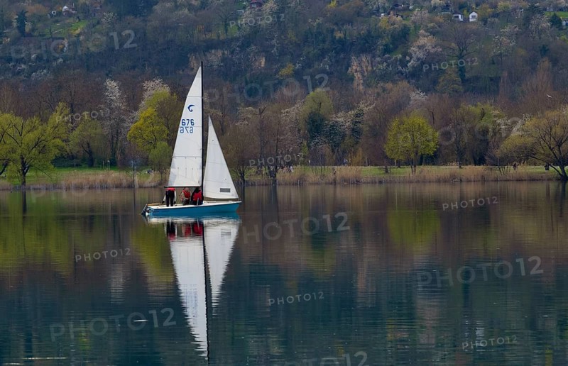 Sailing boat sails on Max-Eyth-See, Hofen, Stuttgart, Baden-Württemberg, Germany