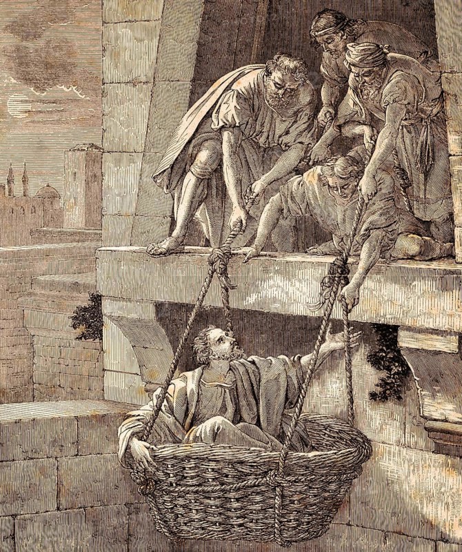 Saving Saint Paul in Damascus, Second Epistle Paul to the Corinthians, New Testament, Letter, Basket, Sitting down, Ropes, Flight, Window, House Wall, Men, Helpers, Hurry, Gratitude, Bible, Historical Illustration 1850