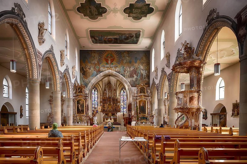 Interior view, nave, gothic choir room, altar, believers, parish church of St. Martin, Wangen im Allgäu, Bavaria, Germany