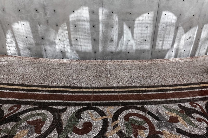 Bourse de Commerce - Pinault Collection, architectural detail, historic floor tiles meet concrete cylinders by Tadao Ando, Paris, France