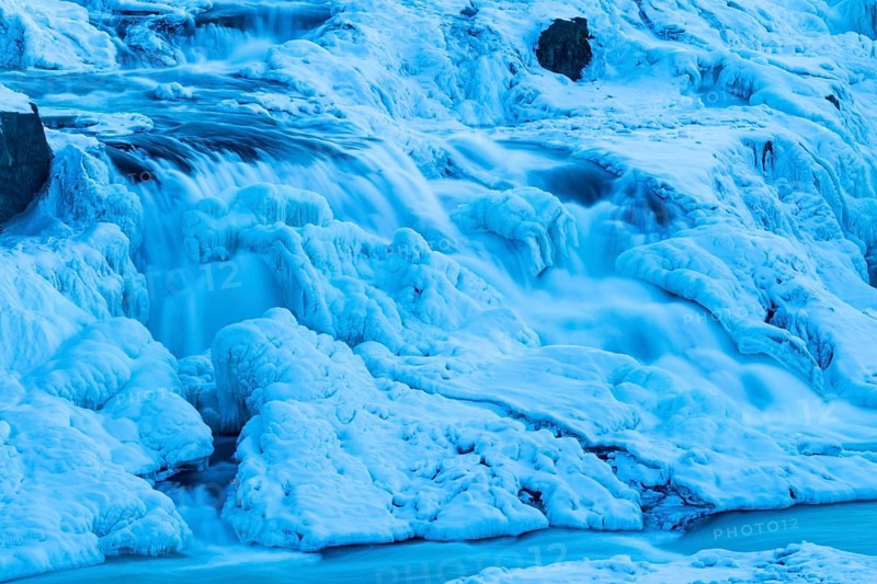 Gullfoss, waterfall of the Hvítá river, detail, ice, frost, snow, winter, Haukadalur, Iceland, Scandinavia