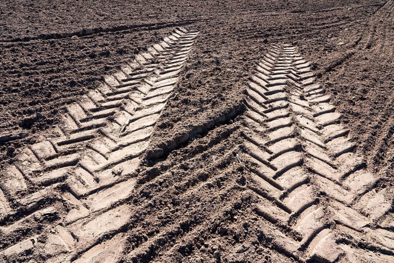 Tractor tracks, agricultural trails at a cultivated field in springtime, farmland near Wesertal, Weser Uplands, Weserbergland, Hesse, Germany