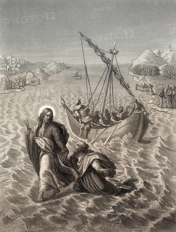 Jesus walking on the water, New Testament, steel engraving 1853, digitally restored