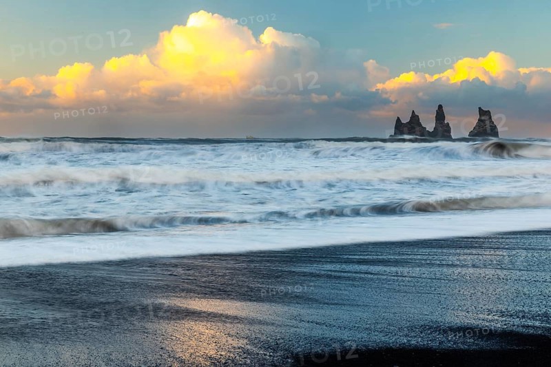Reynisdrangar pinnacles, lava sandy beach, waves, sea, clouds, winter, Vik, Iceland, Scandinavia