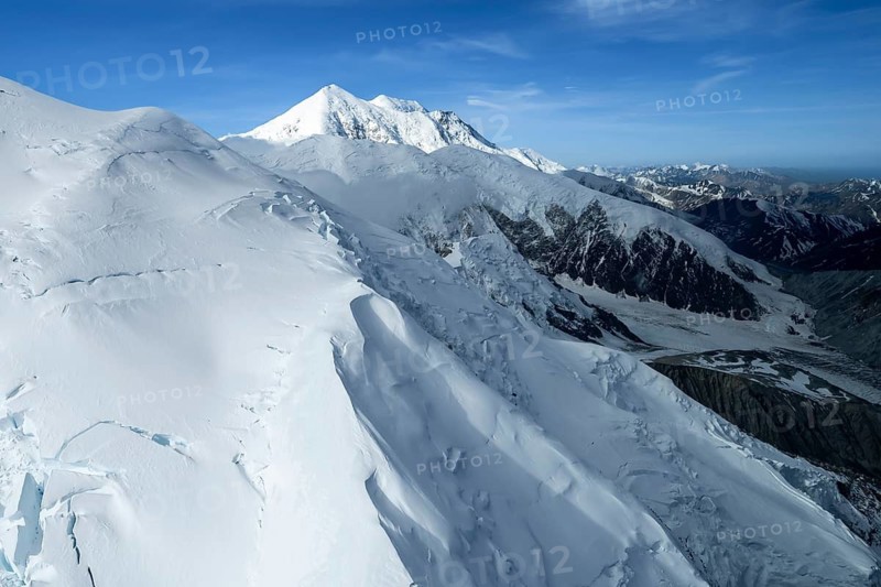 Mt Denali or Mount McKinley with glacier, aerial view, Alaska Range, Denali National Park, Alaska, USA