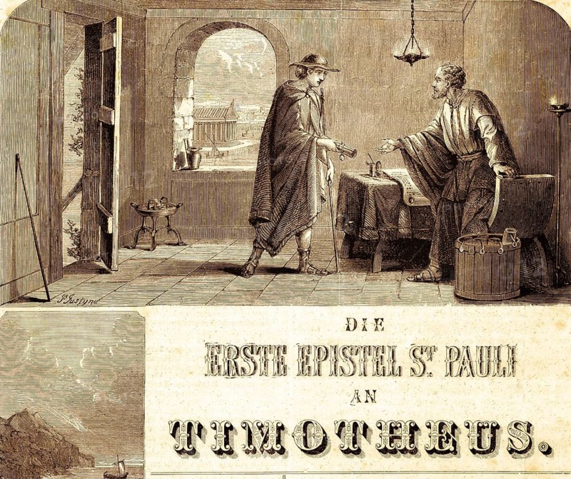 First epistle of the Apostle Paul to Timothy or Timotheos, letter, greeting, room, letter handed over, walking stick, table, document, door, window, godly, faith, Christian, travel companion, Bible, New Testament, historical illustration 1850