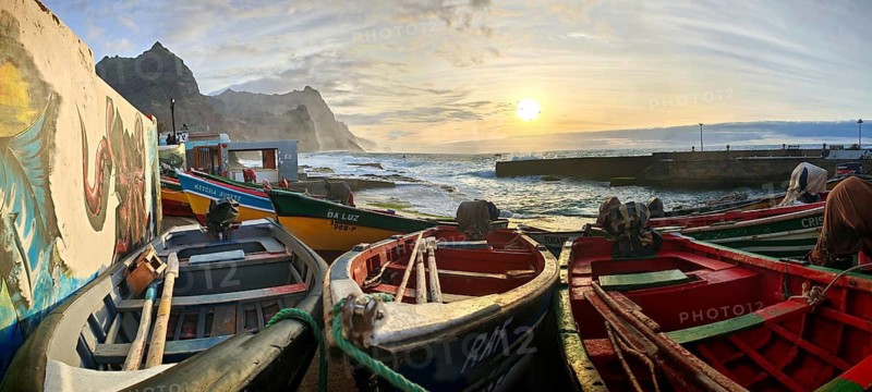 Boats in a colorful harbor illuminated by sunset light, graffiti, romantic harbor scene, Ponta do Sol, Santo Antao, Cabo Verde, Cape Verde, Cape Verde