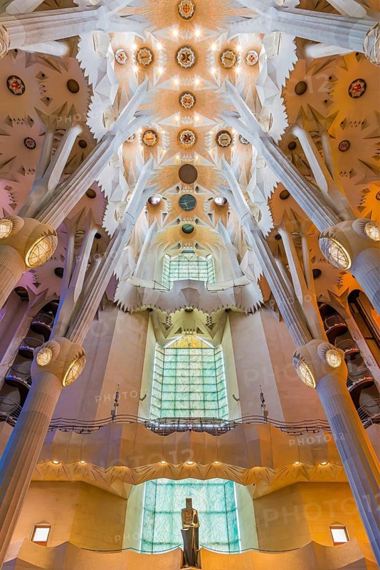 Interior view of the Familia Sagrada by the architect Antonio Gaudi in Barcelona, Spain