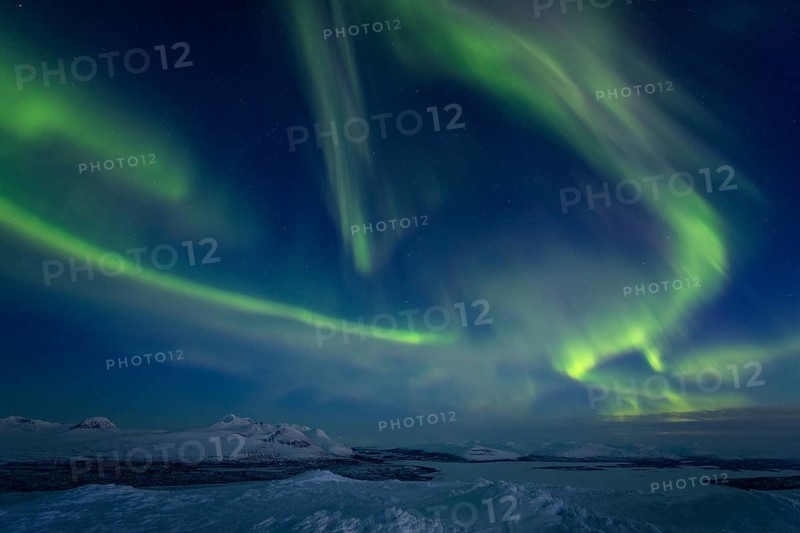 Northern Lights (Aurora borealis) over Lake Akkajaure and the Akkamassif, Stora Sjöfallet National Park, Laponia World Heritage Site, Norrbotten, Lapland, Sweden, April 2021