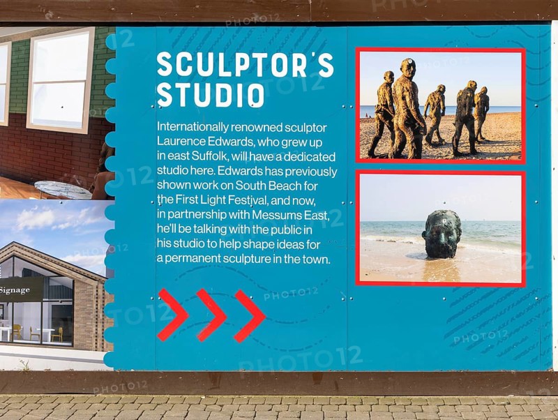 Regeneration of The Old Post Office building as new Arts Space, Sculptor's Studio Laurence Edwards information panel, Lowestoft, Suffolk, England, UK