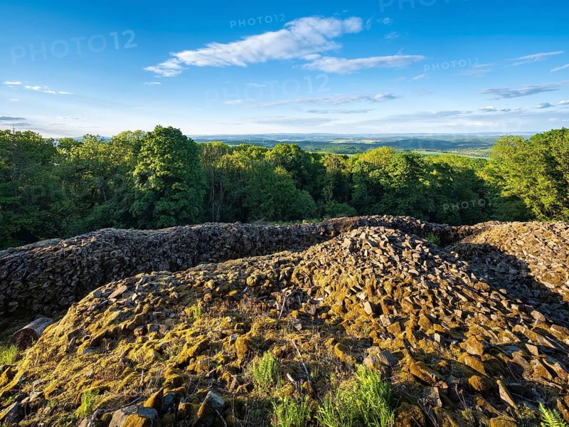 Blockheap on Kleiner Gleichberg, former Celtic oppidum Steinsburg, view over the landscape of the Thuringian Rhön, Römhild, Thuringia, Germany