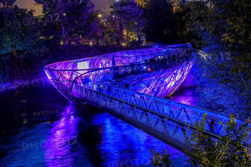 Murinsel, at dusk, architect Vito Acconci, river Mur, Graz, Styria, Austria