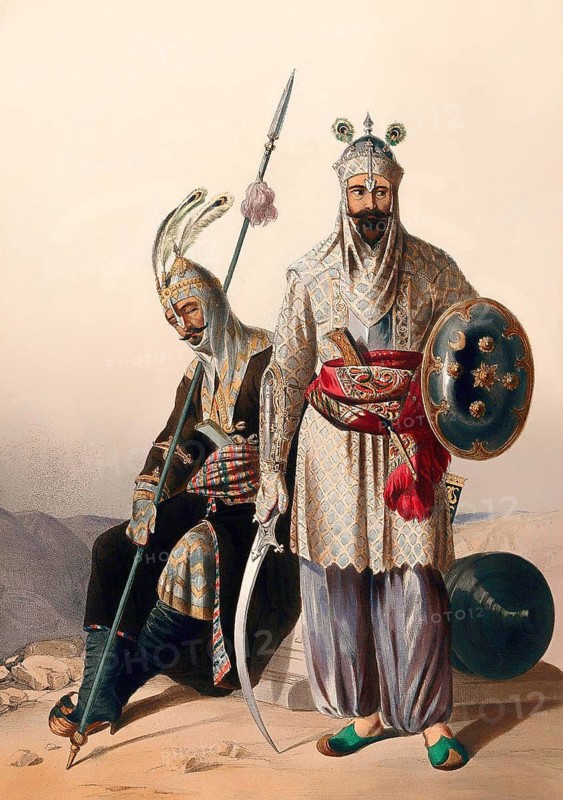 Afghan leaders in military costume with armour and weapons, Afghanistan. Coloured lithograph by R. Carrick after Lieutenant James Rattray, 1847