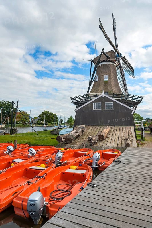 Windmill, boat, motorboat, rental, architecture, historical, history, village, rural, tradition, tourism, travel, Woudsend, Netherlands