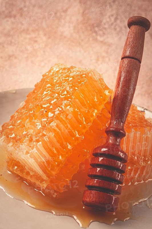 Honeycomb, with a wooden spoon-spindle, on a plate, no people