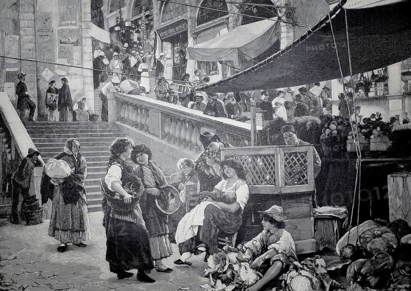 Market scene on the Rialto in Venice, 1896, Italy, illustration, reproduction from a model from the 19th century. Authentic, file restored for optimal use, exact date of original unknown, Historical, A market scene with stairs, people and market stalls in a busy city
