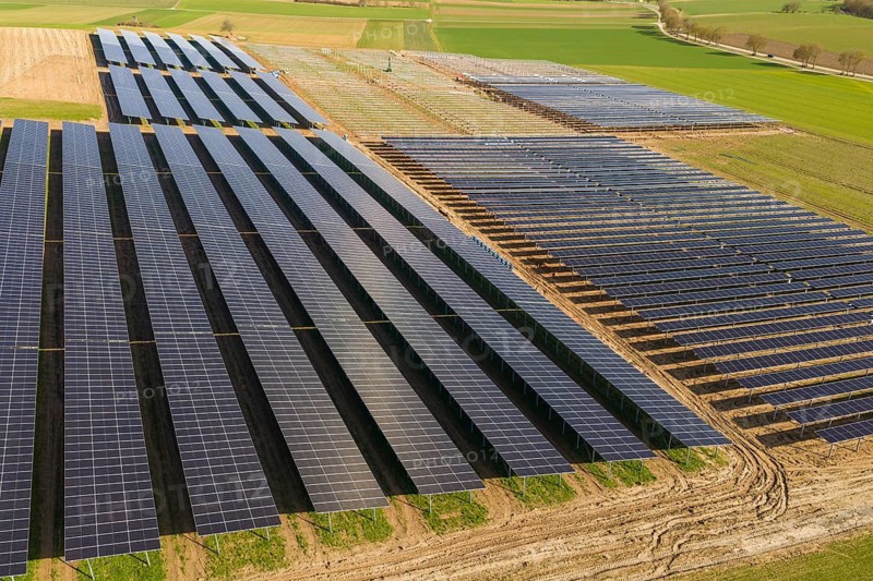 Rows of solar panels on fields seen from above symbolize renewable energy, Agri PV Bau für Landwirtschaft, Enzkreis, Germany