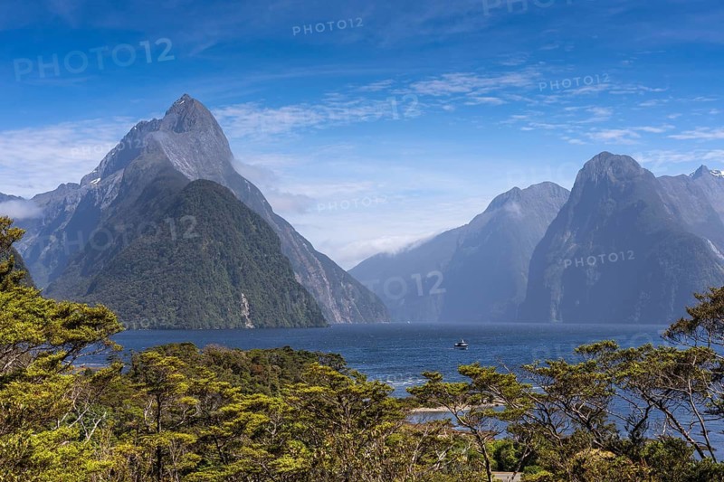 View of Milford Sound with the Mitre Peak and The Lion mountains. Milford Sound, Fiordland National Park, Southland Region, South Island, New Zealand