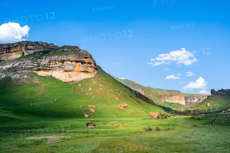 Grassland with sandstone cliffs and cliffs, landscape in Golden Gate Highlands National Park, Free State, South Africa