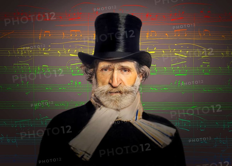Giuseppe Verdi, 1813 – 1901, Italian opera composer, autograph notesheet from Don Carlos, digitally edited after a painting of Giovanni Boldini