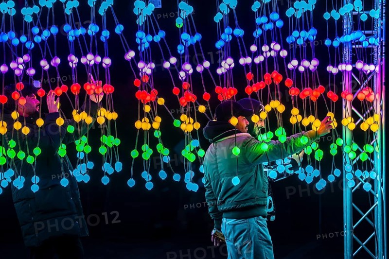 Park lights, winter event, in the Grugapark in Essen, many different light installations, across the park, attract many thousands of visitors, light work of art consisting of many hundreds of hanging ball lamps, LEDs, with changing colors, accessible, North Rhine-Westphalia, Germany